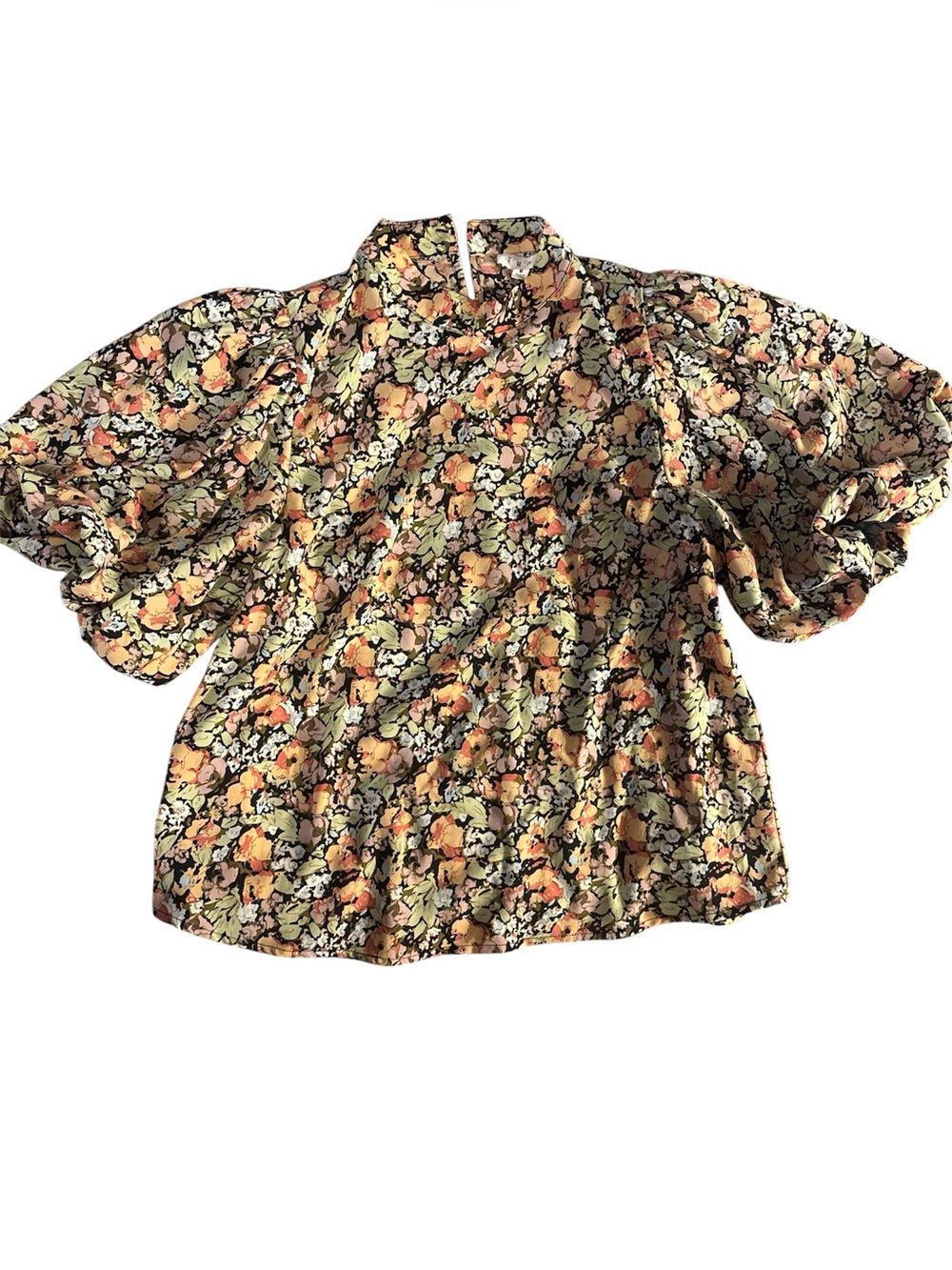 THML Floral Puff Sleeve Blouse in Peach, Cream & Black